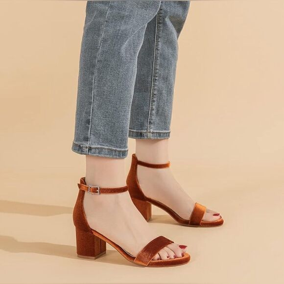 NIB Amoji Brown Velvet Sandals - Picture 5 of 7